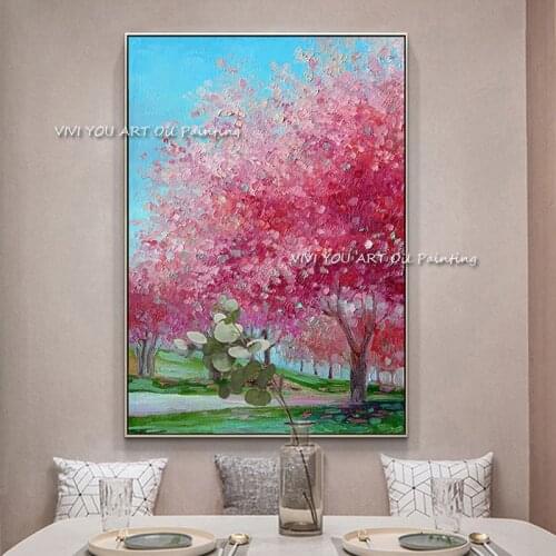 Large Size 100% Handmade Blue Sky Pink Tree Oil Painting Home Decor Paint Decorative Canvas Pictures for Living Room Gift