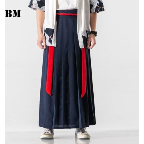 Japanese Harajuku Hakama Plus Size Linen Wide Pants 2021 Loose Kimono Chinese Black Pants Men Clothing Lace-Up Trousers Male