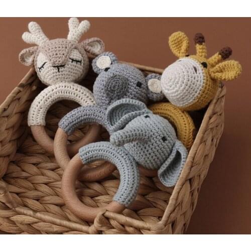 1pc Wooden Crochet Bunny Rattle Toy BPA Free Wood Ring Baby Teether Rodent Baby Gym Mobile Rattles Newborn Educational Toys
