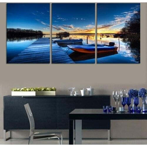 Blue sky and sea water seaview modern wall painting 3 panels wall art sailing boat wall pictures cuadros decoracion