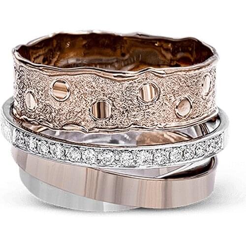 Luxury Wedding Jewelry Ring Multi-layer winding 14-K rose gold two-tone ring for women zircon exaggerate finger ring for party