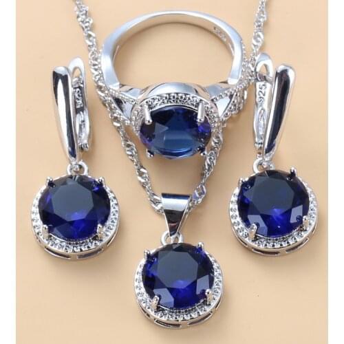 2020 New Wedding Accessories Silver 925 Jewelry Sets For Women Round Blue Cubic Zirconia Earrings And Necklace 3-Piece Sets