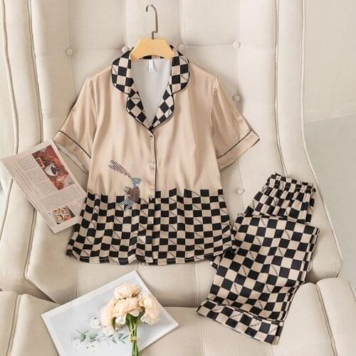 Print Plaid Home Clothing Intimate Lingerie 2PCS Pajamas Suit Female Satin Homewear Sleep Set Spring Summer New Pyjamas