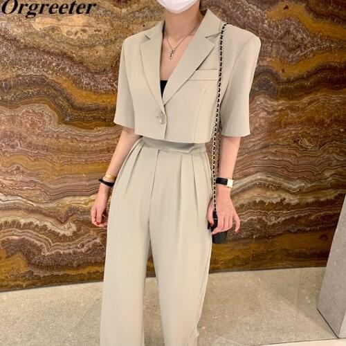Korean Chic Design Short Thin Suit Jacket + Casual Pants Two piece set Women Summer Leisure Trousers Suits 2 Piece Outfits