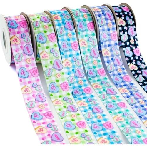 Beauty Check Grosgrain Ribbon Love Heart Pattern Printed Valentines Day Tape 10Yards for Holiday Hair Bow DIY Materials