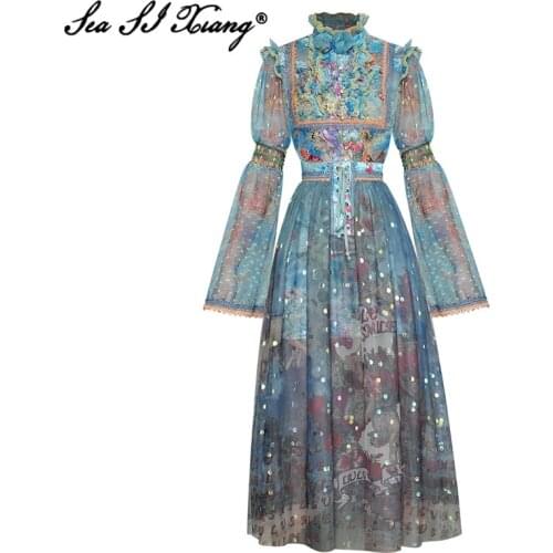 Seasixiang Fashion Designer Autumn Suit Women Stand Collar Bow Flare Sleeve Tops + Long Skirt Vintage Print Two-Piece Set