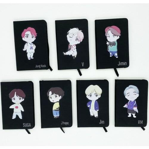 KPOP Bangtan Boys Cartoon Black PU Notebooks Soft Copy Note Pads 9*14CM 160Pages