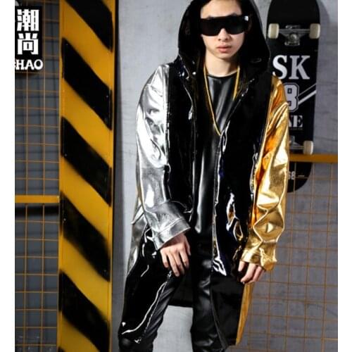 PU jacket men street clothes mens leather jackets singer stage coats contrast color stitching cloak hombre casaco hooded