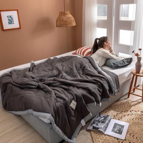 Summer Gray Air Condition Quilts duvet with little white Pompons bed linens Washed cotton throw blankets Solid bedding