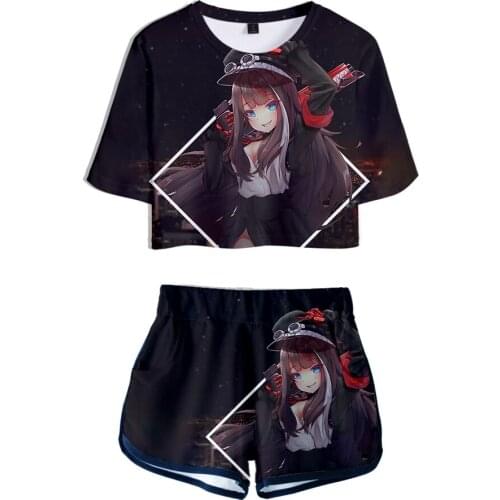 Summer 3D High School DxD-3D Exposed Navel T-Shirt + Black Shorts Pants Womens two-piece Sets Casual Girls two-piece Suits