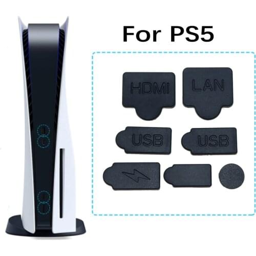 JCD 7pcs Set Black Silicone Dust Plugs Set USB HDM Interface Anti-dust Cover Dustproof Plug for PS5 Game Console Accessories Par
