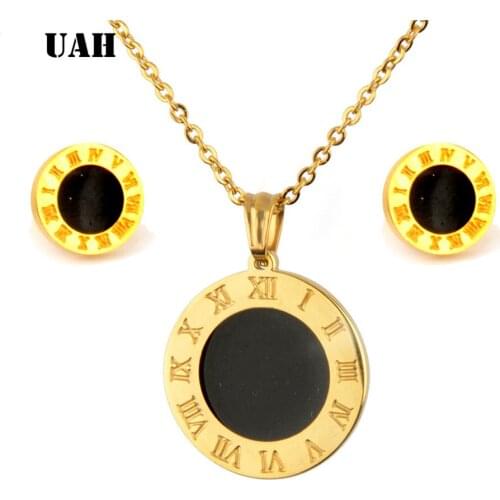 UAH Gold Roman Numeral Necklace Earring Set For Women Wedding Party Silver 316L Stainless Steel Jewelry Set Gift Box