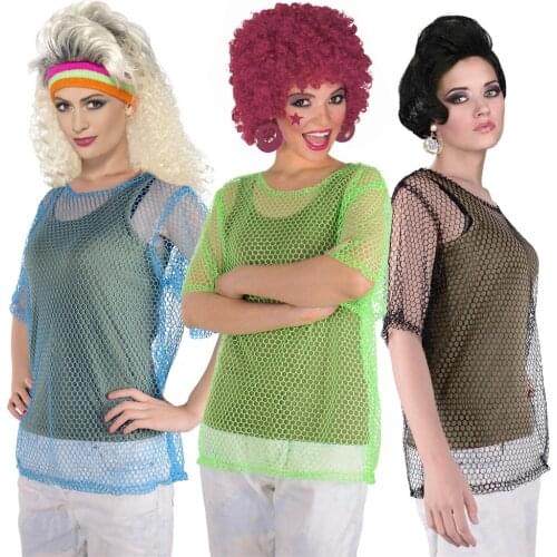 80s Fishnet Neon T-Shirt Retro String Mesh Top Roller Disco Rocker Fancy Dress Disco Costume Clubbing Hip-hop See Through Shirt