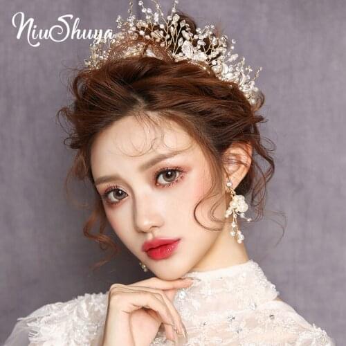 NiuShuya Gorgeous European Wedding Tiara Crowns Earring Crystal Pearls Brides Headbands Evening Bridal Hair Accessory Jewelry