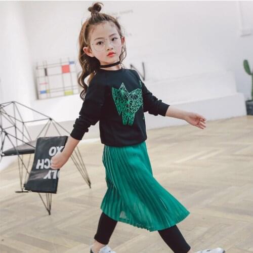 2017 New Spring Dress Baby Girl Cartoon T-shirt Sweater + Green Pleated Skirt Pant,2pcs Suits Kids Girls Fashion Pants Set