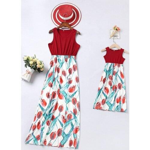 Family Matching Outfits Mom and Kids Summer Floral Printed Sleeveless Dress Family Matching Outfits