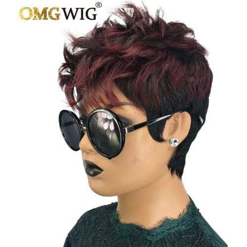 Wholesale Human Hair Short Wigs For Black Women Wavy Pixie Cut Wig 1B/99J Burgundy Brazilian Remy Hair Glueless Wigs With Bangs
