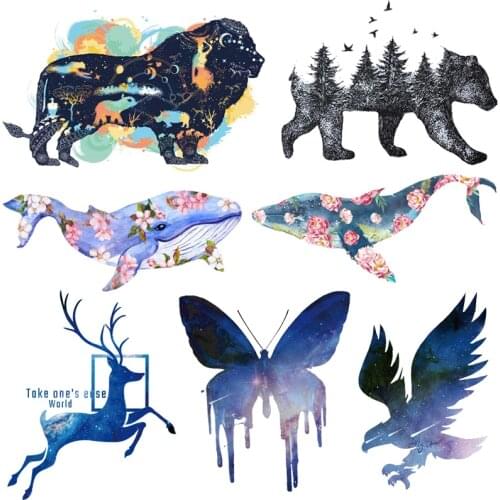 Prajna Punk Animal Iron On Transfer Patches For Clothes Fashion Whale Patch Vinyl Heat Transfer Thermal Lion Stickers On Clothes