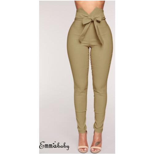 Sexy Women Slim Skinny Bow Decoration Pants High Waist Belted Legging Long Pencil Trousers Fashion Womens Capris