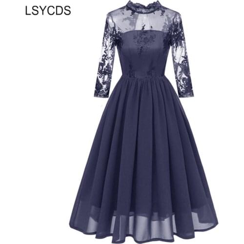 LSYCDS Autumn Women Dress Chiffon 3/4 Sleeve Mesh Sexy Hollow Out Robe Gown Big Swing Retro Casual Party 50s 60s Vintage Dress