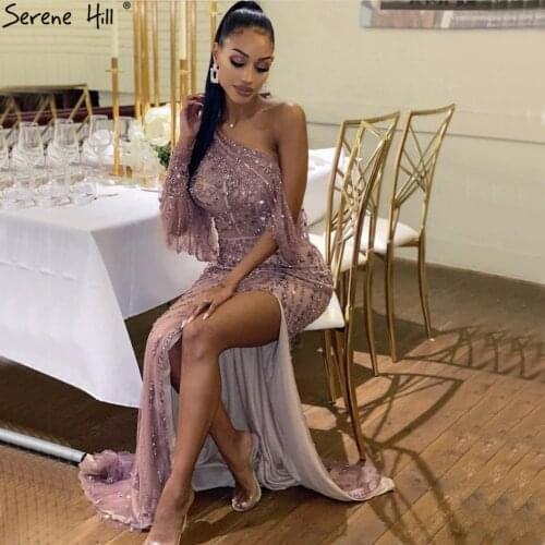 Pink Luxury Beading Crystal Evening Dresses One Shouder Sparkle Sexy Formal Dress 2020 Serene Hill LA70258