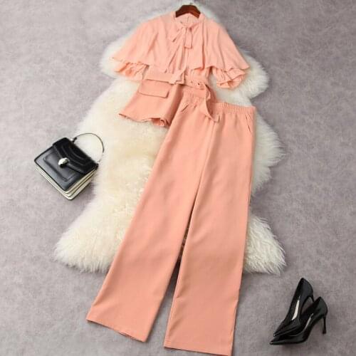 2021 Flounce Cape Five-quarter Sleeve Shirt Wide-legged Pants Fashion Suit European and American Womens Wear for Spring
