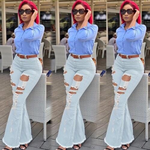 High Waist Hole Ripped Straight Mom Flare Jeans Women Sexy Fashion Streetwear Wide Leg Pants Hollow Out Casual Denim Trousers