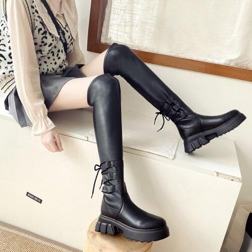 Sexy Leather Thigh High Boots Women High Heels Over The Knee Boots For Women Round Toe Party Long Shoes Cross-tied