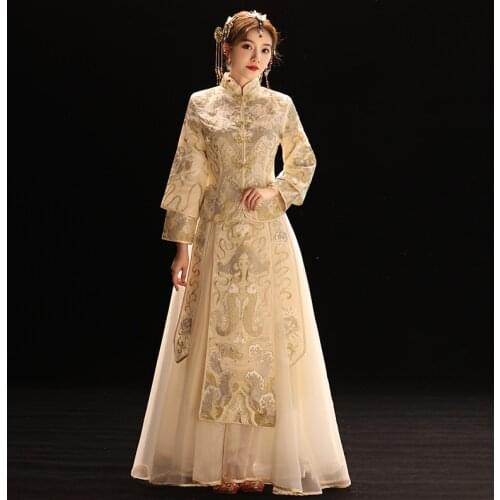 Champagne Chinese Traditional Wedding Dress Bride Couple Oriental Vintage Modern Long Clothes China Qipao китайская одежда
