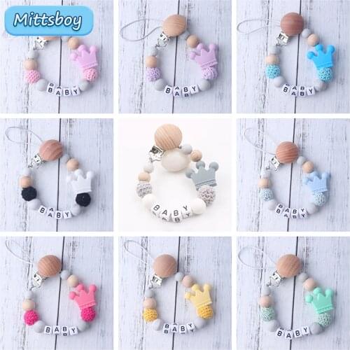 New Personalized Name Handmade Beech Pacifier Clips Holder Chain Silicone Crown Pacifier Chains Baby Teether Teething Chain Gift