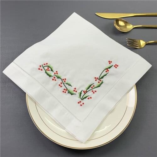 Wedding Napkins white Hemstitched linen Table Napkin with Color Embroidered Floral Dinner Napkins 20x20-inch
