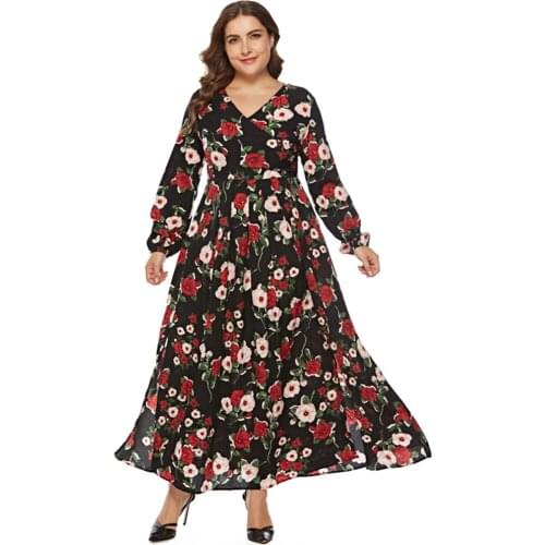 2021 Spring Hot Sale European And American Style V-Neck Plus Size Full Sleeve Printed Dress For Women