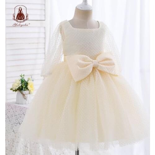 Yoliyolei Children Girl Wedding Dress Fairy Bridesmaid Kids Prom Tulle Long Sleeve Cute Bowknot Party Ball Gowns for 5-9 Years