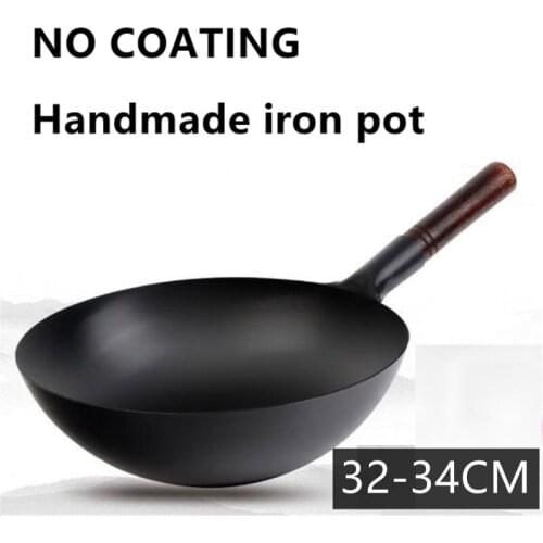 Handmade Classic Iron Pot Wok Uncoated 32-34CM Fit Induction Cooker Gas Cooker Non-stick Fry Pan Wood Cover