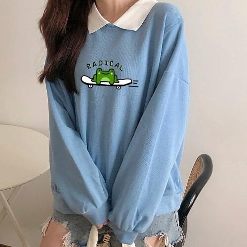 Frog on A Skateboard Sweatshirt for Women Cotton Aesthetic Hoodie Girls Casual Loose Sweatsuit with Pocket All-match Korean Tops