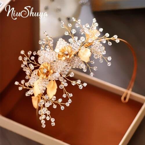NiuShuya Handmade Flower Crystal Hairbands Gold Colors Headbands Leaf Crowns Women Hair Jewelry Wedding Bride Hair Accessories