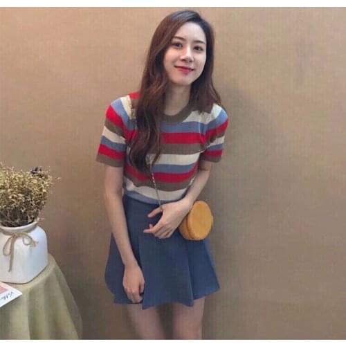 Summer Hepburn French Niche Color Striped Short Sleeve + Pleated Short Skirt Two-piece Suit Female