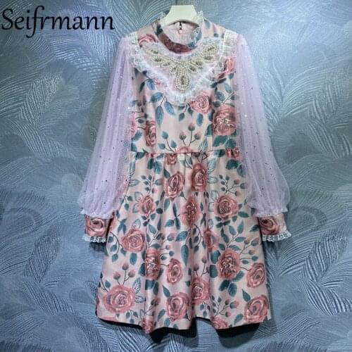 Seifrmann New 2021 Autumn Women Fashion Runway Party Midi Dress Lantern Sleeve Gorgeous Beading Ruffles Floral Printed Dresses