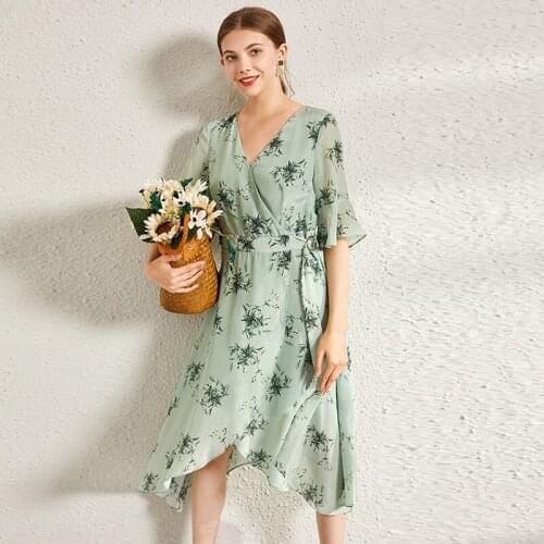 Green Chiffon Print Floral Silk Crepe Dresses Women Fashion 2021 Summer Long Casual Sexy Office Work Daily Dress Plus Size Slim