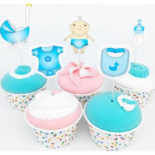 24pc/lot Happy Birthday Party Baby Boy Baby Carriage Theme Cupcake Toppers with Sticks Cake Topper Baby Shower Decorate Supplies