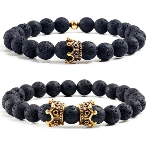 Hot Trendy Lava Rock Stone Bead Bracelet CZ Imperial Crown Helmet Charm Men Bracelets Women Yoga Bangle Fashion Jewelry pulseira
