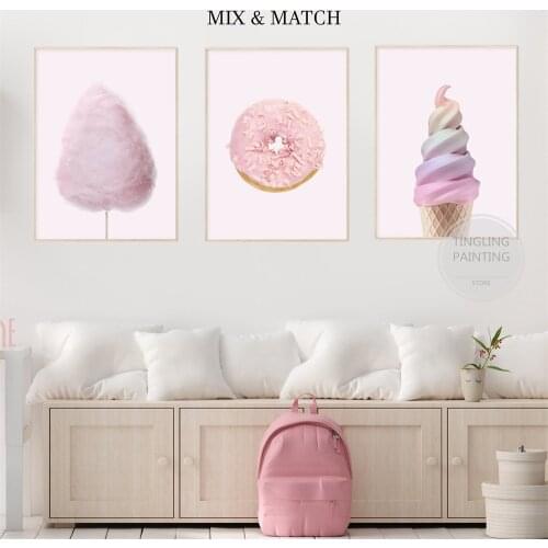 Cotton Candy Donuts Ice Cream Rainbow Ice Cream Pink Themed Wall Art Canvas Painting Nursery Poster Playroom Girls Bedroom Decor