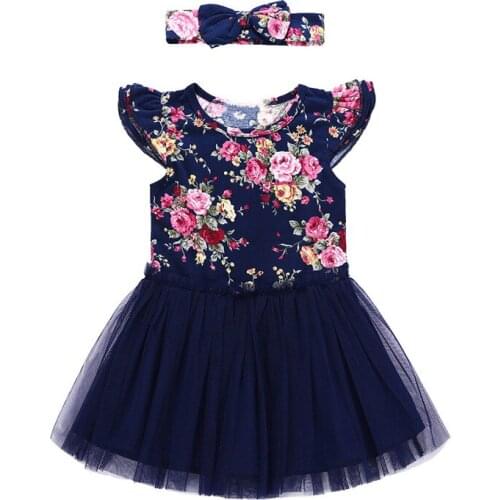 Newborn Kids Baby Girls Set Fly Sleeve Tulle Short Dress Outfits Children Girl Clothes Cotton clothing Headband set 2pcs