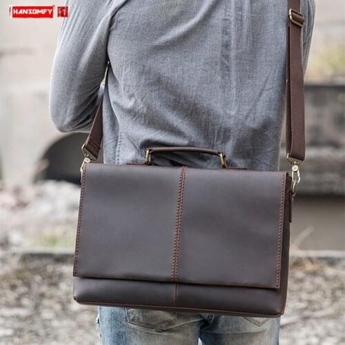 New Handmade Leather Mens Handbag Business Bag Mens Retro Computer Messenger Bag Cross Section Briefcase First Layer Leather