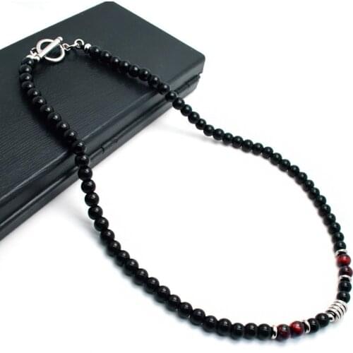 New Fashion Men Beaded Necklace Stainless Steel 6mm Natural Obsidian Tiger eye Stone Necklace Hombre Yoga Jewelry Husband Gift