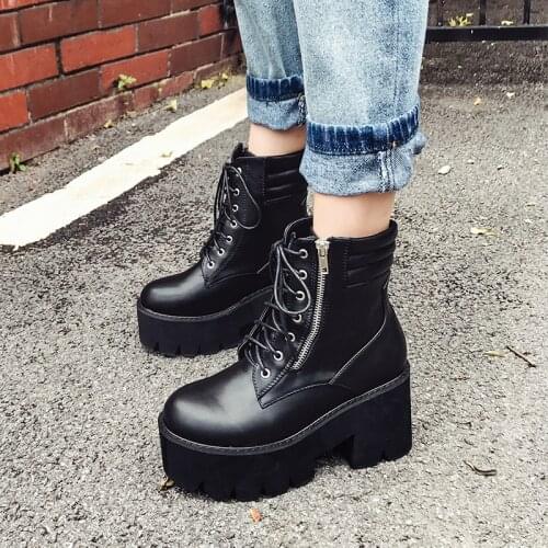 New Black Motorcycle Boots Increased Platform Thick-soled Martin Boots Womens Short Boots Platform Boots High Heels Short Boots