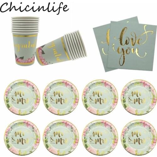 Chicinlife Wedding Party Disposable Tableware Mr Mrs Paper Plates Cups Love You Napkins Bridal Shower Bachelorette Party Decor