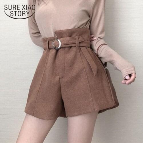 Autumn Winter Thicken Fashion High Waist A-Line Wide Leg Boots Shorts Woolen Belt Warm Shorts Women Elegant Short Trousers 11068