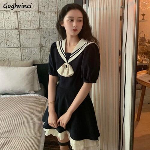 Short Sleeve Dress Women Sailor Collar Patchwork Leisure Womens Korean Style Defined Waist Loose Retro JK Mini Dresses Sexy Slim