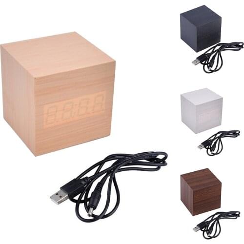 Lovely Cube Wooden Clock Voice Control LED digital alarm clock Desk Snooze Electronic table Watch Nixie Wood Bedside Alarm Clock